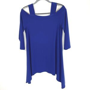 Clara Sun Woo Top Small Cold Shoulder Tunic Royal Blue Shark Bite Hem 3/4 Sleeve
